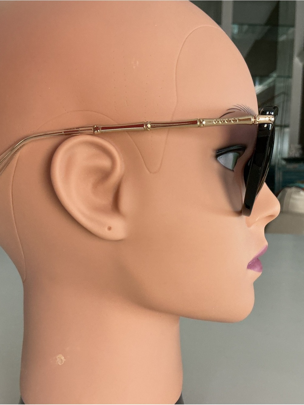 Gucci Black Frame Gradient Gray Lens Gold bamboo Temple Sunglasses